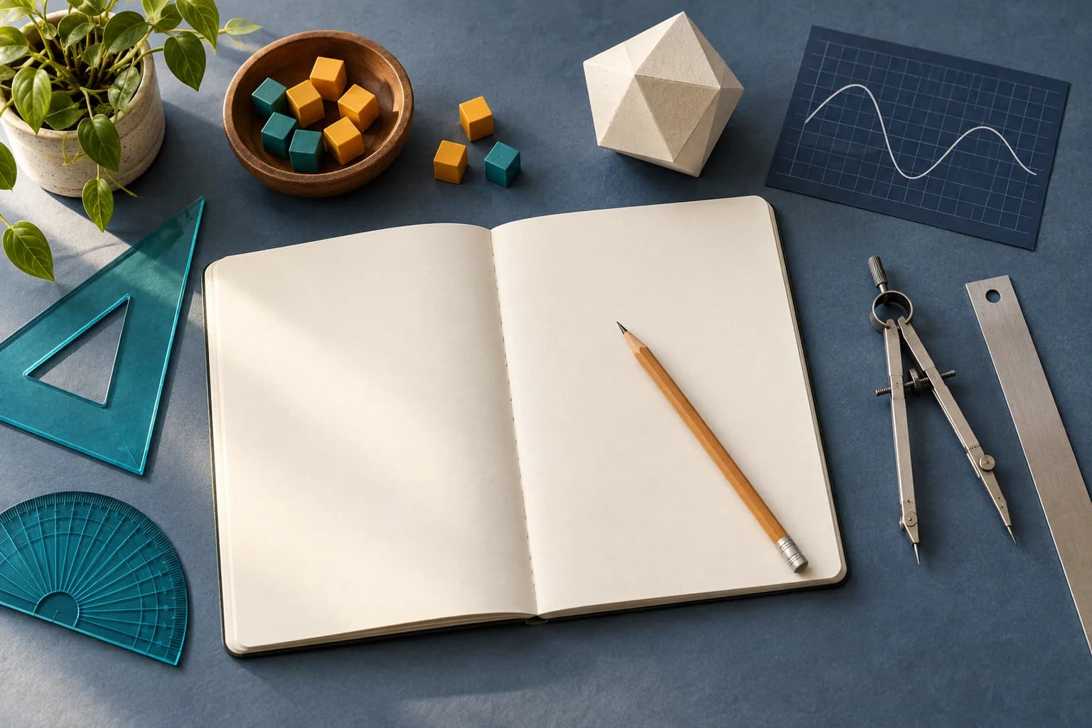 A notebook and math tools arranged for planning a visual lesson