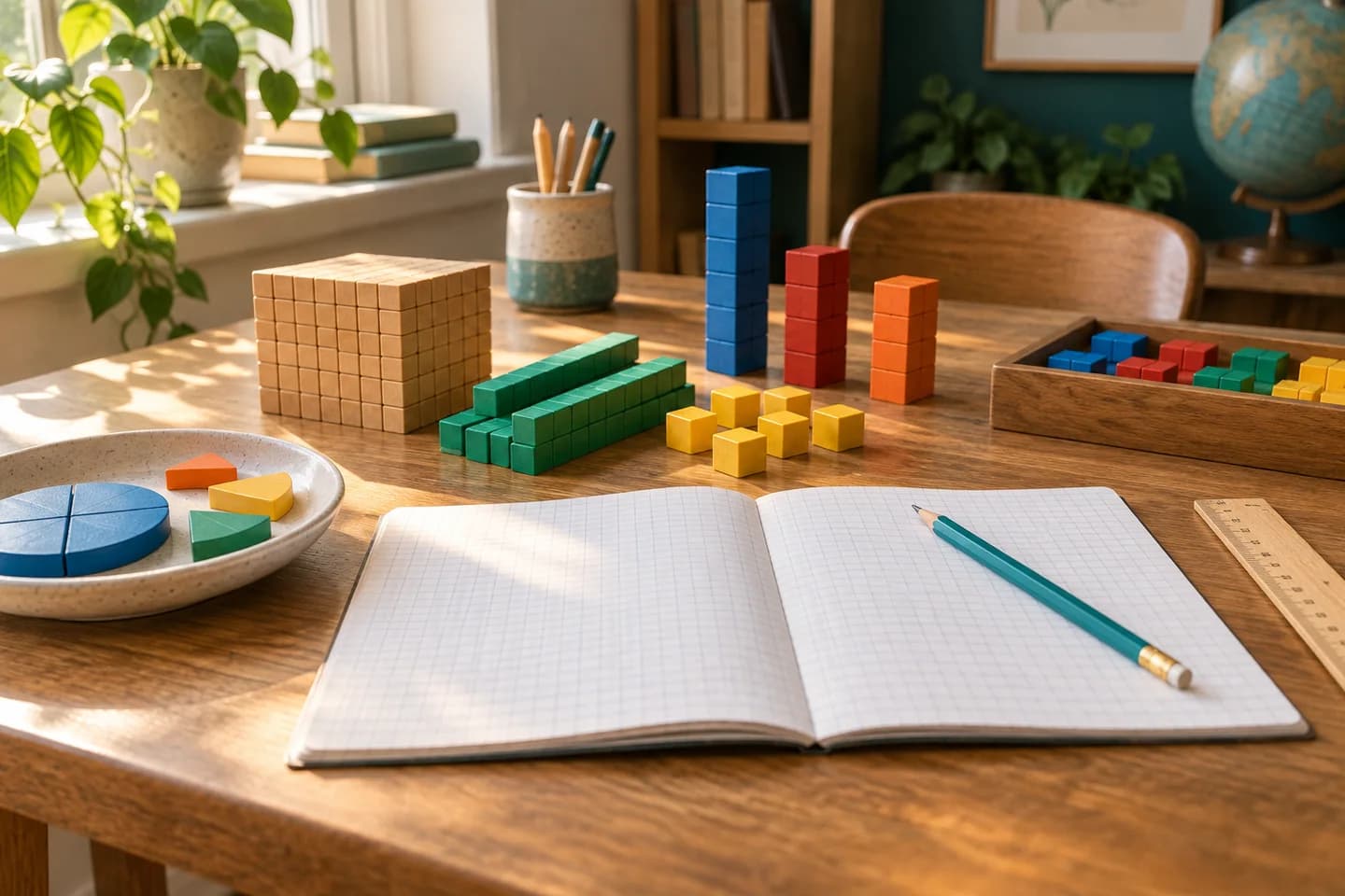 A sunlit mathematics desk with counting blocks, fraction pieces and an open notebook