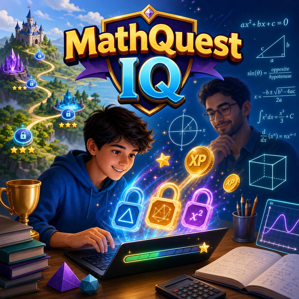 MathQuest IQ illustration with a student using a laptop, a tutor, and mathematical symbols